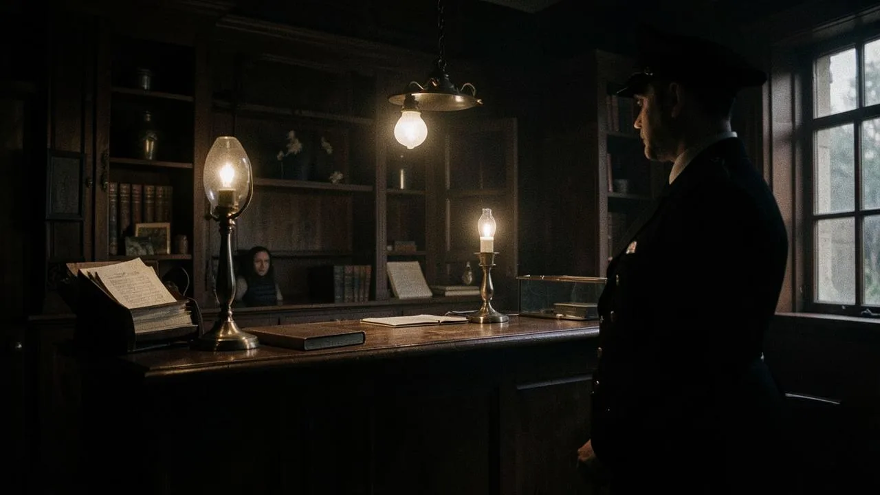 A detective standing in a dim Victorian police office surrounded by ledgers and lamps