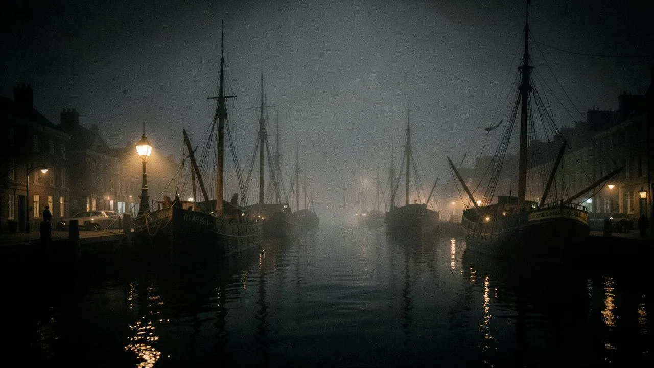 A fog-covered Victorian harbour at night, lit by gas lamps reflected in the water